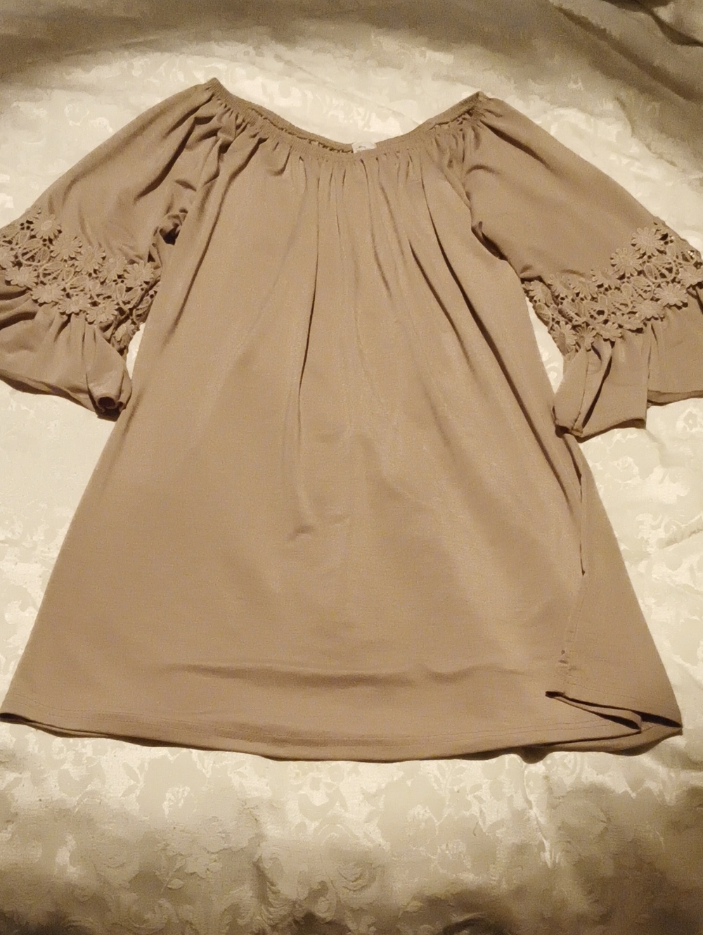 WinWin Taupe Off-Shoulder Crochet Sleeve Top